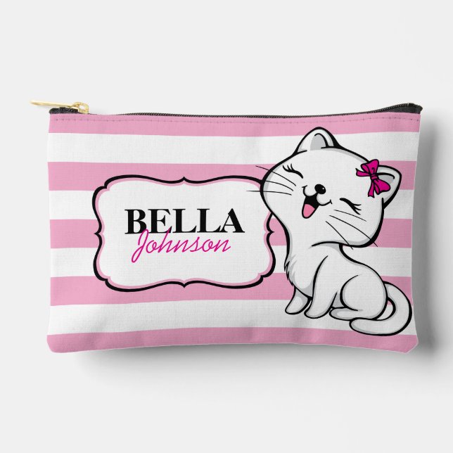 Personalized Cute Kitty Pink Stripped Accessory Pouch (Front)