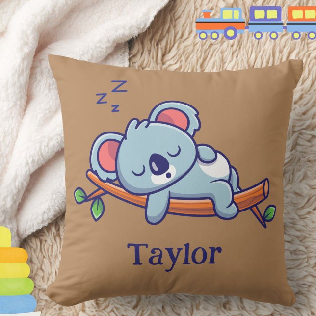 Personalized Cute Koala Bear Cartoon Throw Pillow (This cute sleeping koala bear throw pillow may be personalized with baby's or child's name. )