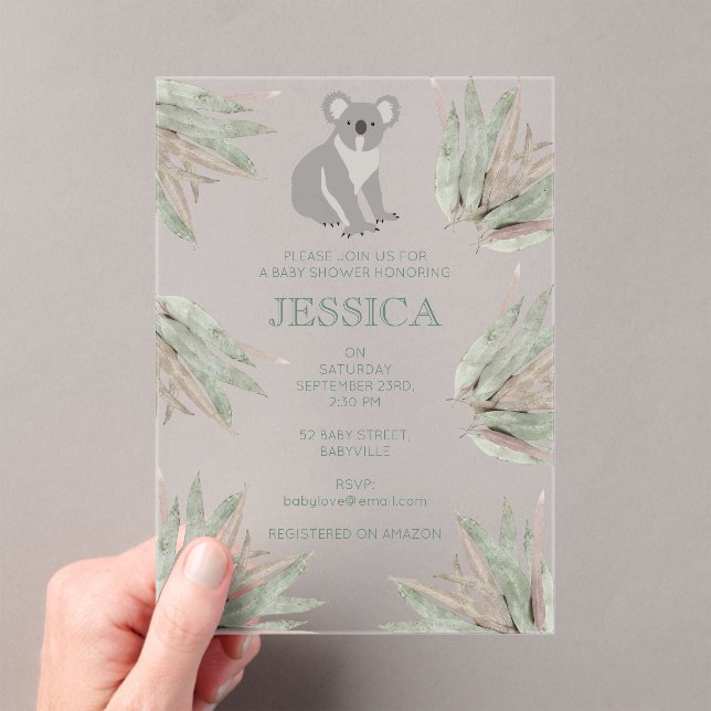 Personalized Cute Koala Eucalyptus Baby Shower Acrylic Invitations (Insitu (Handheld))