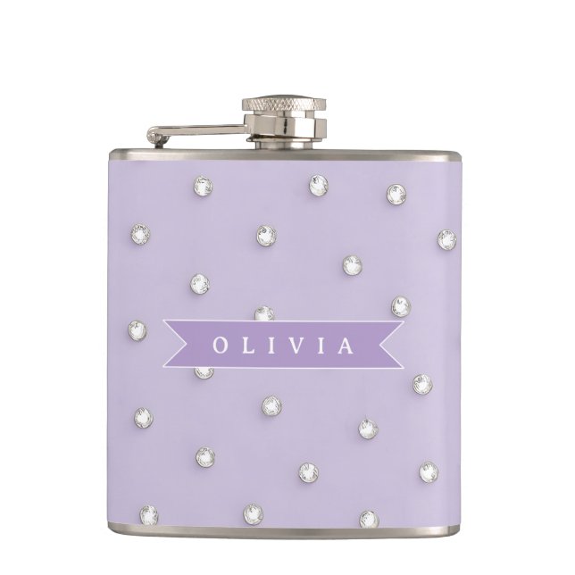 Personalized cute lavender rhinestone polka dot  flask (Front)