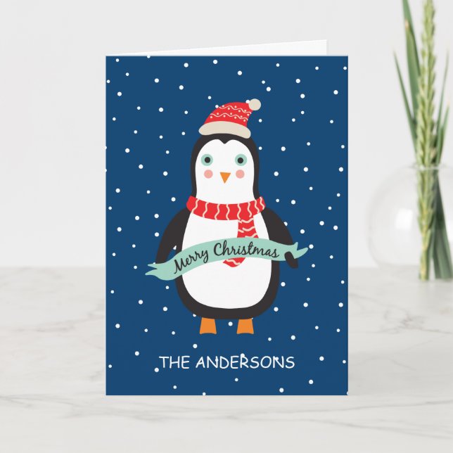 Personalized Cute Little Christmas Penquin  Holiday Card (Front)