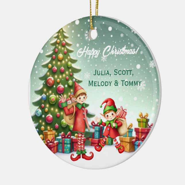 Personalized Cute Little Elf Christmas Photo Ceramic Ornament (Left)