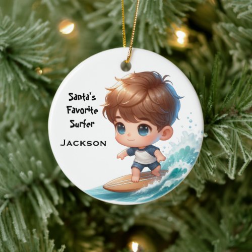 Personalized Cute Little Kid Surfing Ceramic Ornament