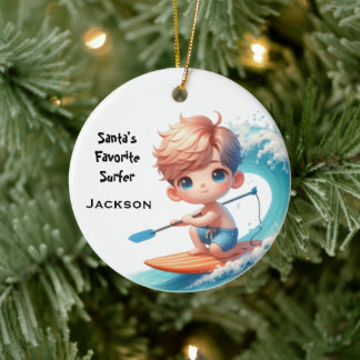 Personalized Cute Little Kid Surfing Ceramic Ornament