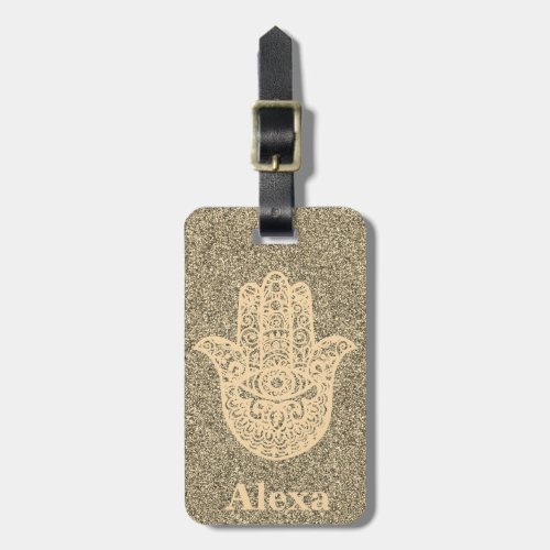 Personalized Cute lucky hamsa hand glitter gold Luggage Tag