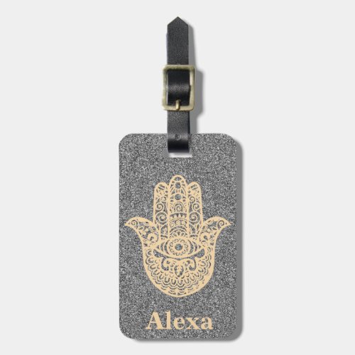 Personalized Cute lucky hamsa hand glitter silver Luggage Tag