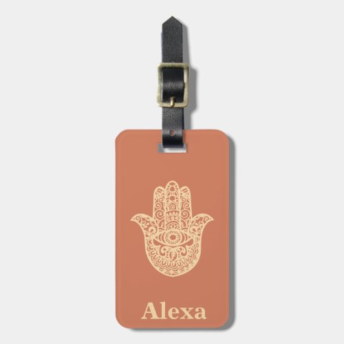 Personalized Cute lucky Hamsa hand terracotta Gold Luggage Tag