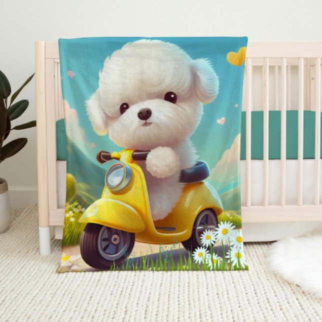 Personalized Cute Maltese Puppy Dog yellow scooter Baby Blanket (Creator Uploaded)