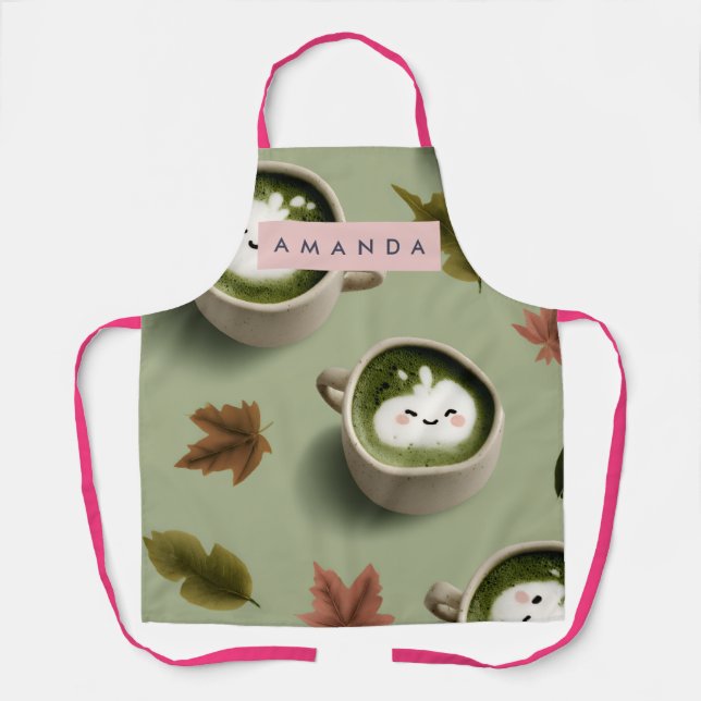 Personalized Cute Matcha Latte Pattern Apron (Front)