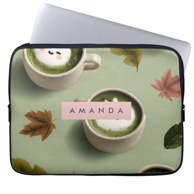 Personalized Cute Matcha Latte Pattern Laptop Sleeve (Front)
