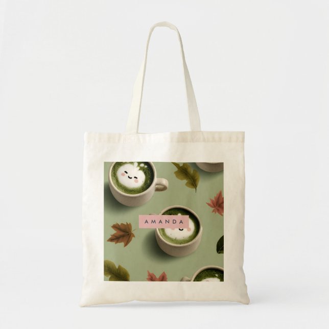 Personalized Cute Matcha Latte Pattern Tote Bag (Front)