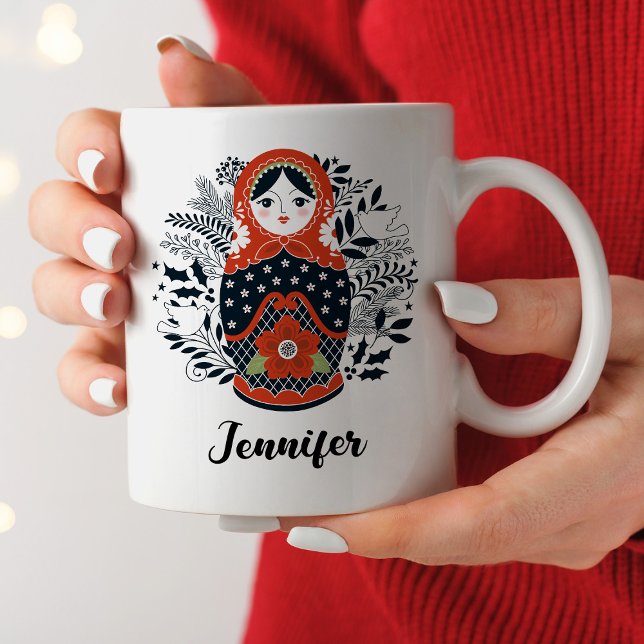 Personalized Cute Matryoshka Nesting Doll Coffee Mug (A pretty Christmas Matryoshka doll decorates this mug, personalize it for Christmas.)