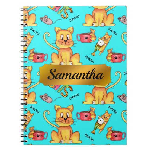 Personalized Cute Meow Cats Aqua Notebook