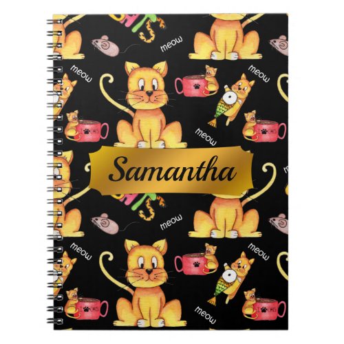 Personalized Cute Meow Cats Black Notebook