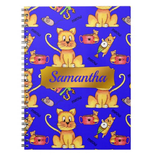 Personalized Cute Meow Cats Blue Notebook