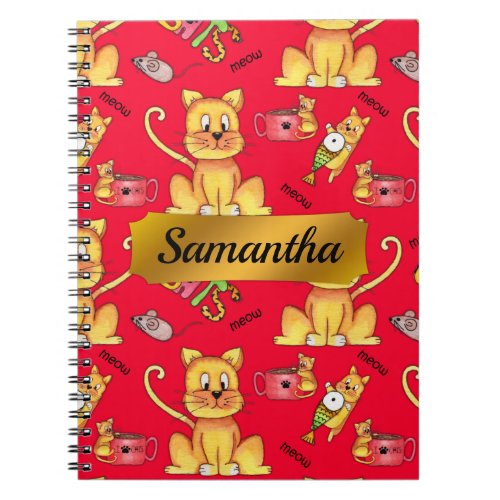 Personalized Cute Meow Cats Red Notebook