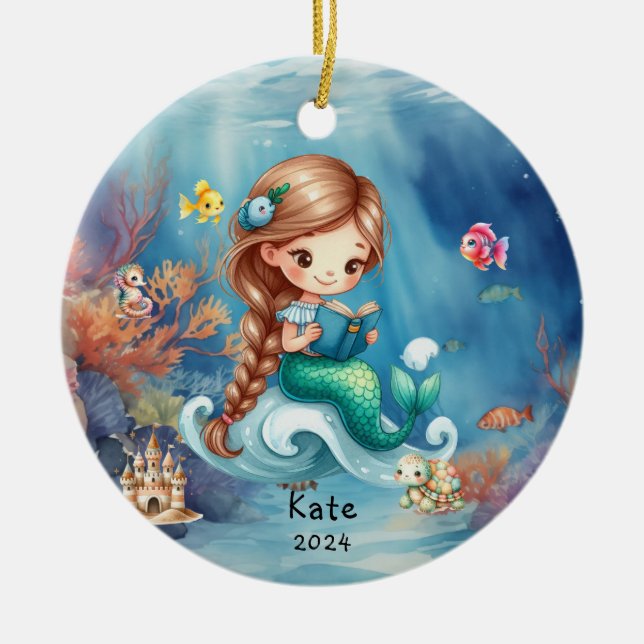 Personalized Cute Mermaid Ocean Photo  Ceramic Ornament (Front)