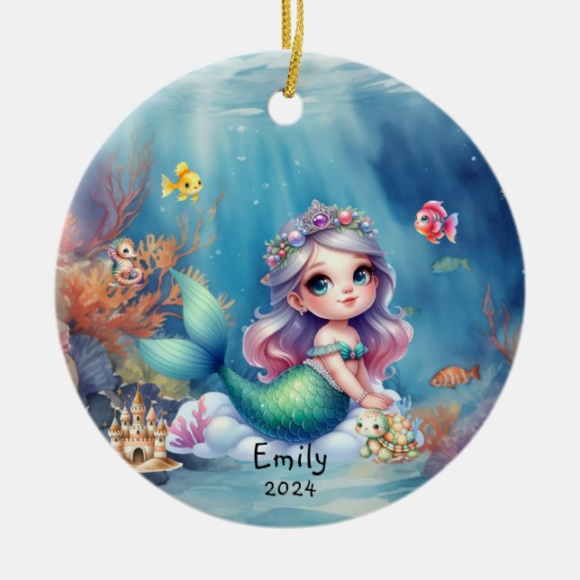 Personalized Cute Mermaid Ocean Photo Ceramic Ornament (Front)