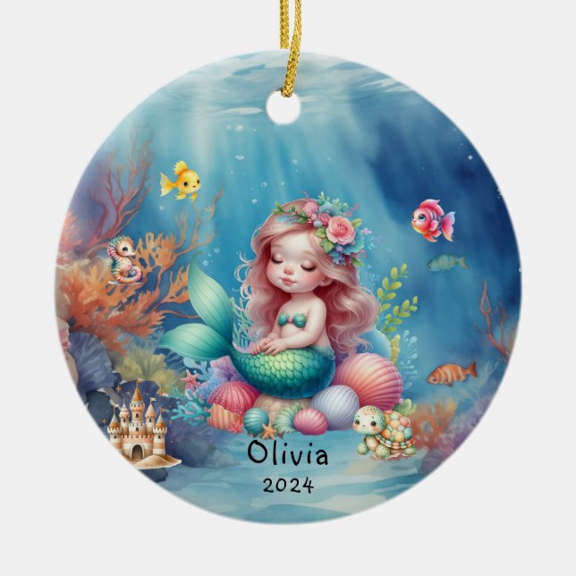 Personalized Cute Mermaid Ocean Photo Under Sea Ceramic Ornament (Front)