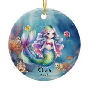 Personalized Cute Mermaid Ocean Photo Watercolor Ceramic Ornament