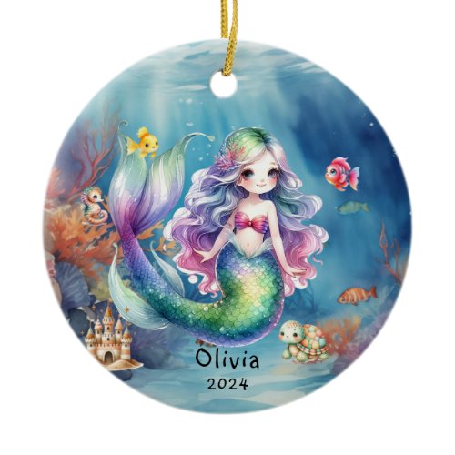 Personalized Cute Mermaid Ocean Photo Watercolor Ceramic Ornament