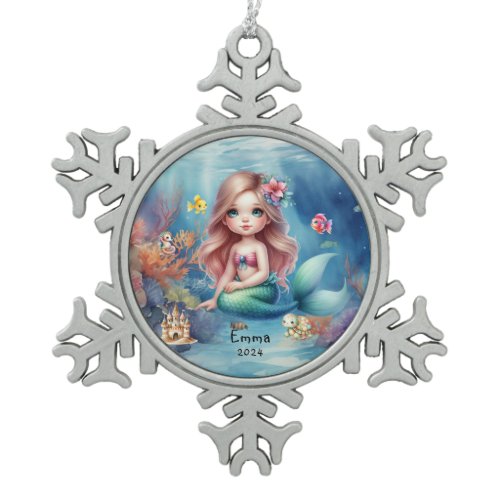 Personalized Cute Mermaid Ocean Photo Watercolor Snowflake Pewter Christmas Ornament