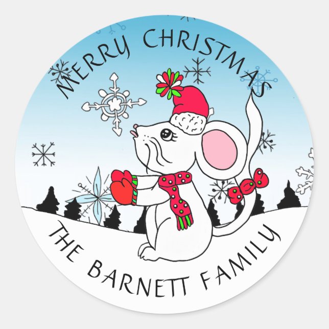 Personalized Cute Merry Christmas Mouse Snowflakes Classic Round Sticker (Front)