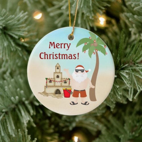 Personalized Cute Merry Christmas Santa Beach Ceramic Ornament