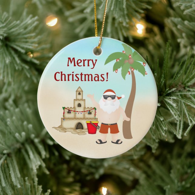 Personalized Cute Merry Christmas Santa Beach Ceramic Ornament (Tree)