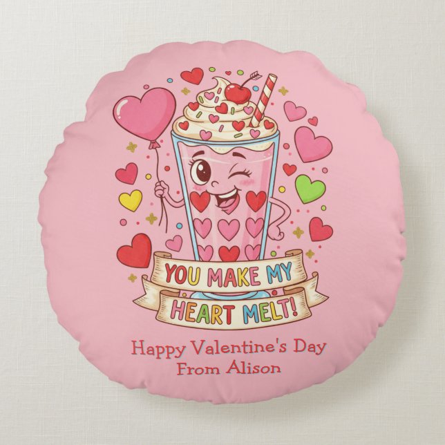 Personalized Cute Milkshake Valentine Round Pillow (Front)