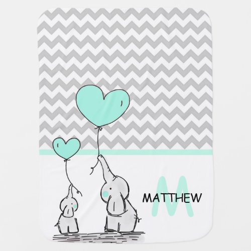 Personalized Cute Mint Elephant Chevron Grey Baby Blanket