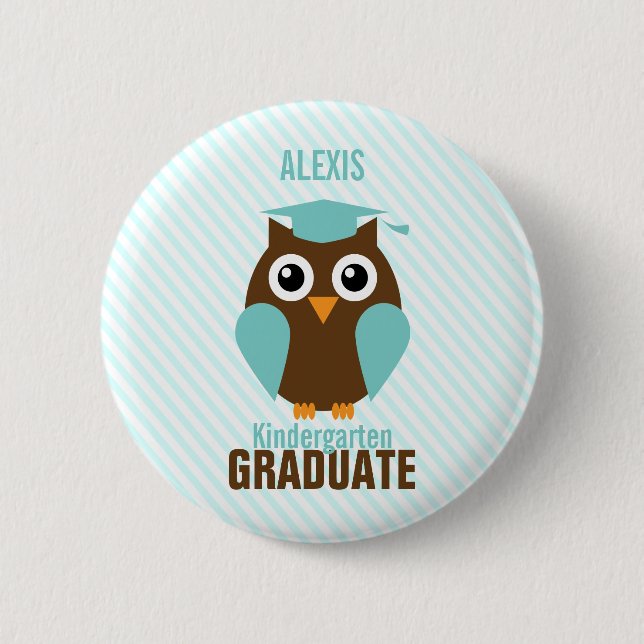 Personalized Cute Mint Owl Kindergarten Graduate Pinback Button (Front)
