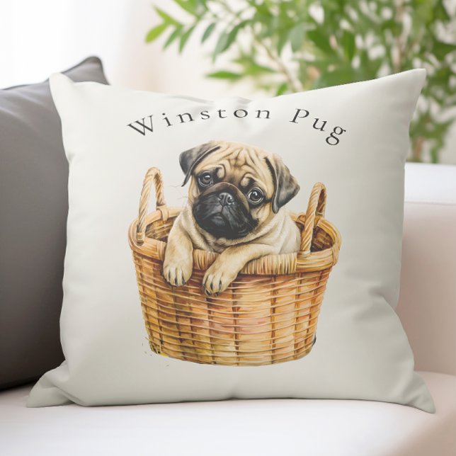 personalized cute  modern  pet pug throw pillow (cute personalized  modern pug dog throw cushion with custom name space , ideal for any pug lover
)