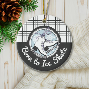 Personalized Cute Modern Tartan Ice Skating Ceramic Ornament
