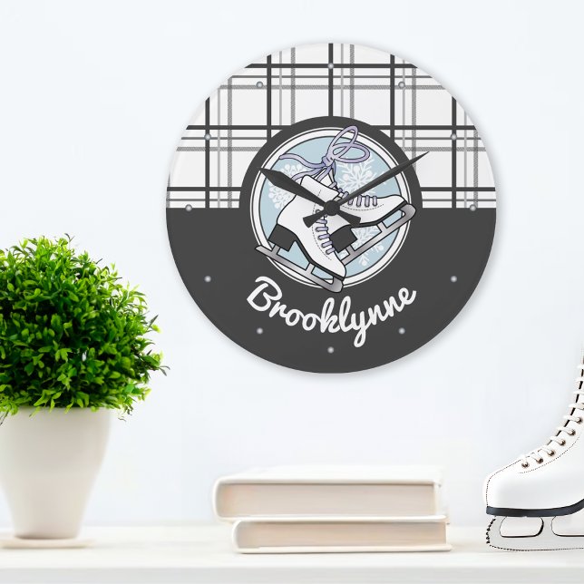 Personalized Cute Modern Tartan Ice Skating Large Clock (Creator Uploaded)