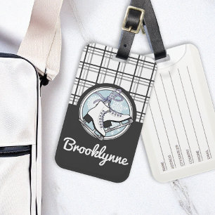 Personalized Cute Modern Tartan Ice Skating Luggage Tag