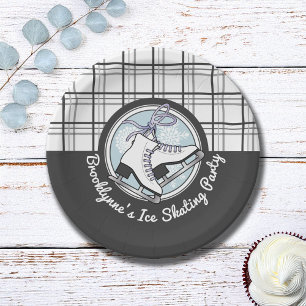 Personalized Cute Modern Tartan Ice Skating Paper Plates