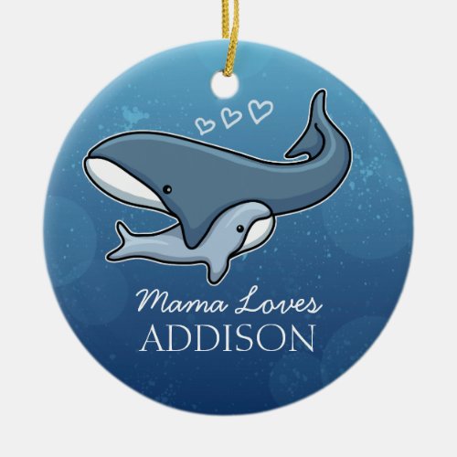 Personalized Cute Mom Baby Whale Add Kids Name Ceramic Ornament