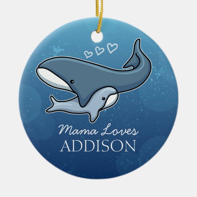 Personalized Cute Mom Baby Whale, Add Kids Name Ceramic Ornament (Front)