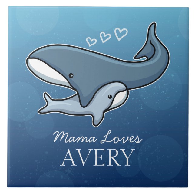 Personalized Cute Mom Baby Whale, Add Kids Name Ceramic Tile (Front)