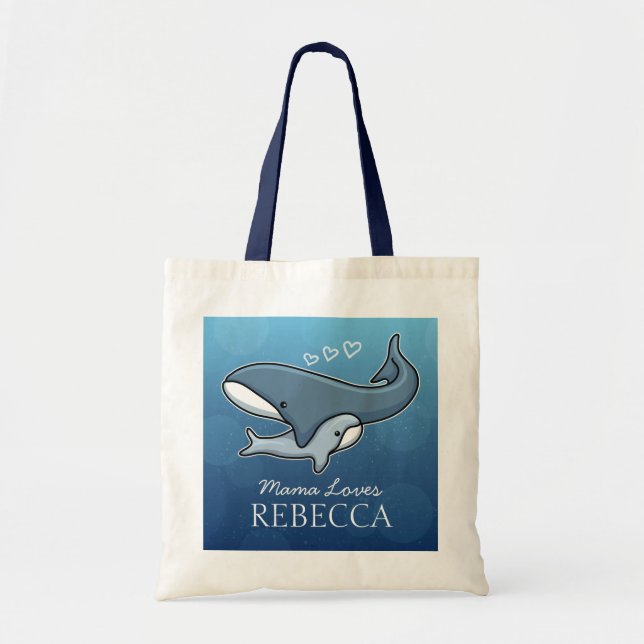 Personalized Cute Mom Baby Whale, Add Kids Name Tote Bag (Front)