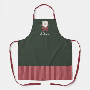 Personalized Cute Monogram Green Red Bow Christmas Apron