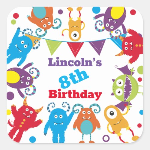 Personalized Cute Monster Birthday Bash Party Square Sticker