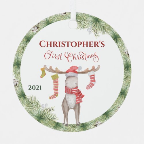 Personalized Cute Moose Babys First Christmas Cera Metal Ornament