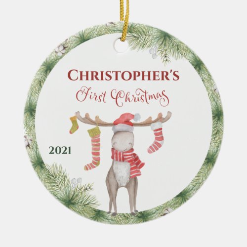 Personalized Cute Moose Babys First Christmas Ceramic Ornament