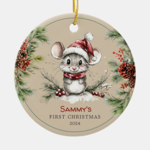 Personalized Cute Mouse Baby's First Christmas Ceramic Ornament