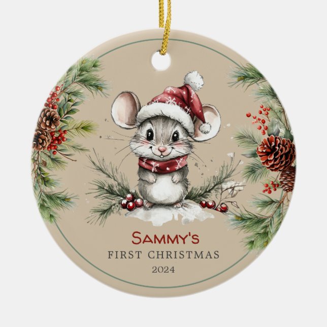 Personalized Cute Mouse Baby's First Christmas Ceramic Ornament (Front)