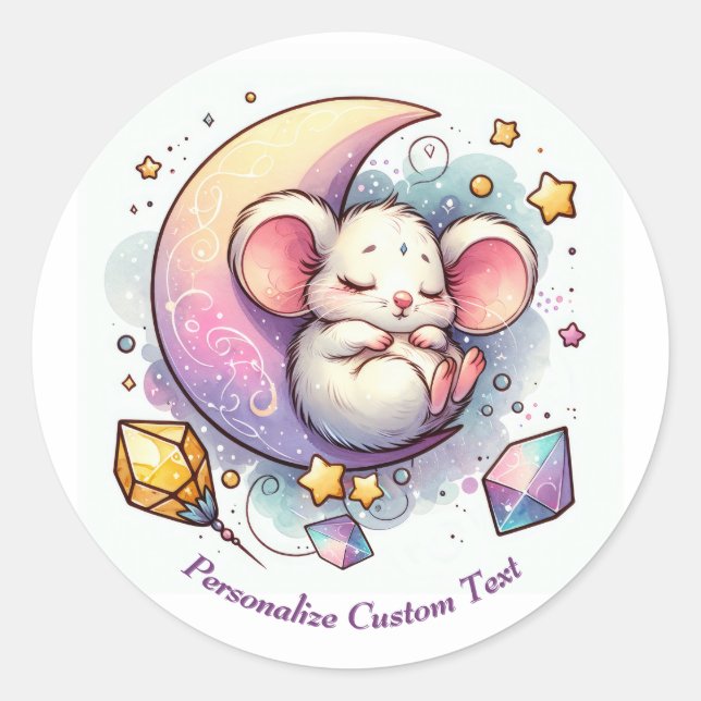 Personalized Cute Mouse Sleeping on a Half Moon Classic Round Sticker (Front)