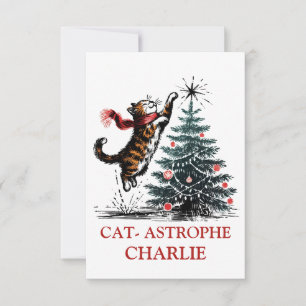 Personalized Cute Naughty Cat Christmas Tree Fun Thank You Card