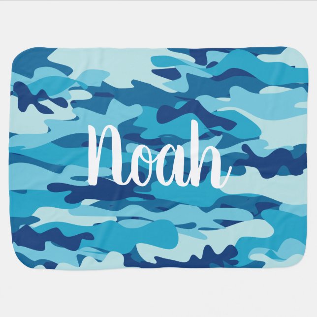 Personalized cute navy blue camo color camouflage baby blanket (Horizontal)